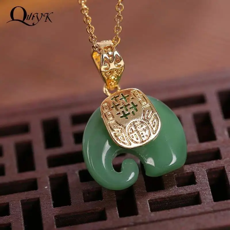 Natural Stone Hetian Jade Elephant Pendant 18K Gold Plated Chain Necklace Choker Jewelry For Women Birthday Anniversary
