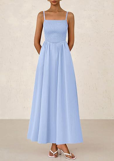 Sleeveless Suspender Solid Color Stitching A-line Beach Vacation Dress Women's Thin Shoulder Pleated Vest Pocket Commuting Dress