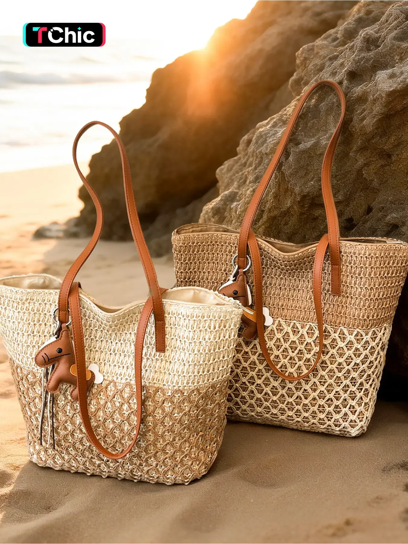 Fresh cure wind straw woven shoulder bag, two-color stitching design, spring and summer seaside resort Beach Tote daily commuter tote bag