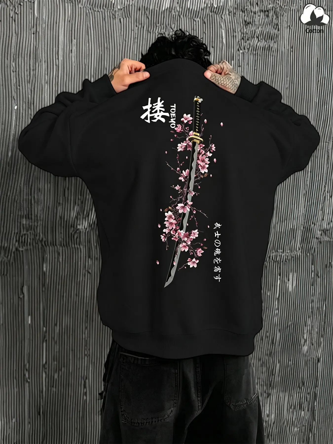Unisex Cotton Multi-Color Samurai Sword Cherry Blossom Back Print Crewneck Sweatshirt Japanese Streetwear Oversized Baggy Casual Top