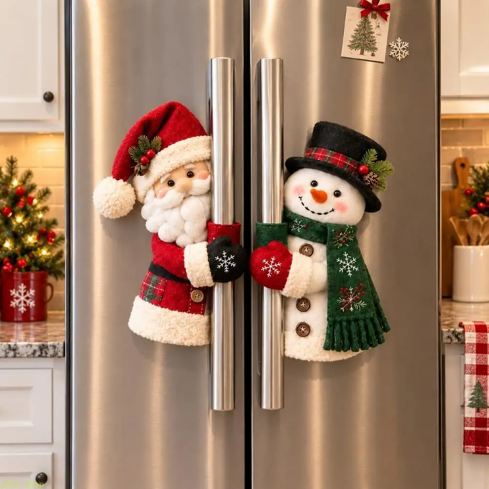 Cute Plush Christmas Handle Huggers - Santa & Snowman Design, Standard-Size Appliance Covers for Kitchen Oven, Refrigerator & Cabinet Decor