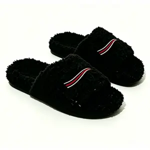 Classic Stripe-Accent Furry Open-Toe Slides | Thick Plush Upper, Slip-Resistant Outsole Warm Winter Household Slippers