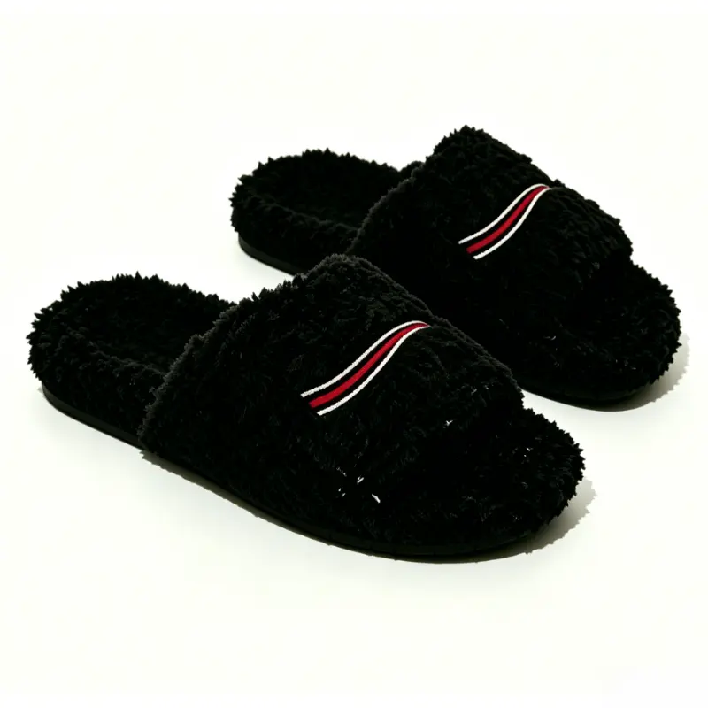 Classic Stripe-Accent Furry Open-Toe Slides | Thick Plush Upper, Slip-Resistant Outsole Warm Winter Household Slippers