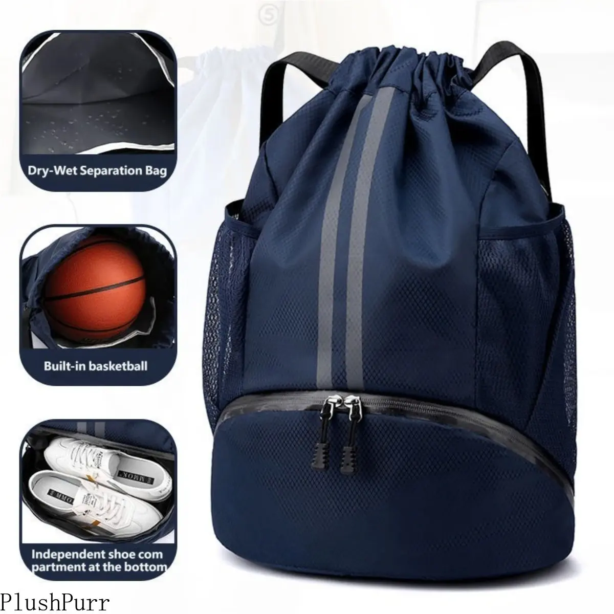 Drawstring Gym Bag for Men and Women, Waterproof Lightweight Fabric with Separate Shoe Compartment, Multi-Pocket Organizer Design, Ideal for Soccer Basketball Volleyball Sports and Daily Outdoor Use