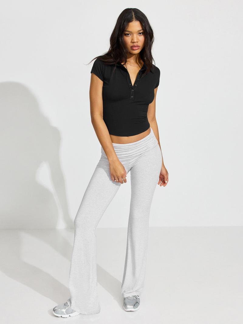 Summer Polo Collar Button Short Sleeve Slim Fit Sports Waist-Cinching Solid Color Versatile Top Short Sleeve