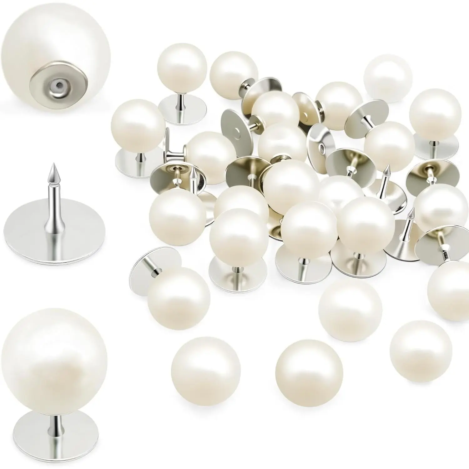 30 Sets Pearl Buttons No Sew Buttons for Clothes, 10mm Pearl Brooch Pins Reusable for Women, White Safety Pins for Dresses, Shirts, DIY Crafts, Fashion Decorative Accessories