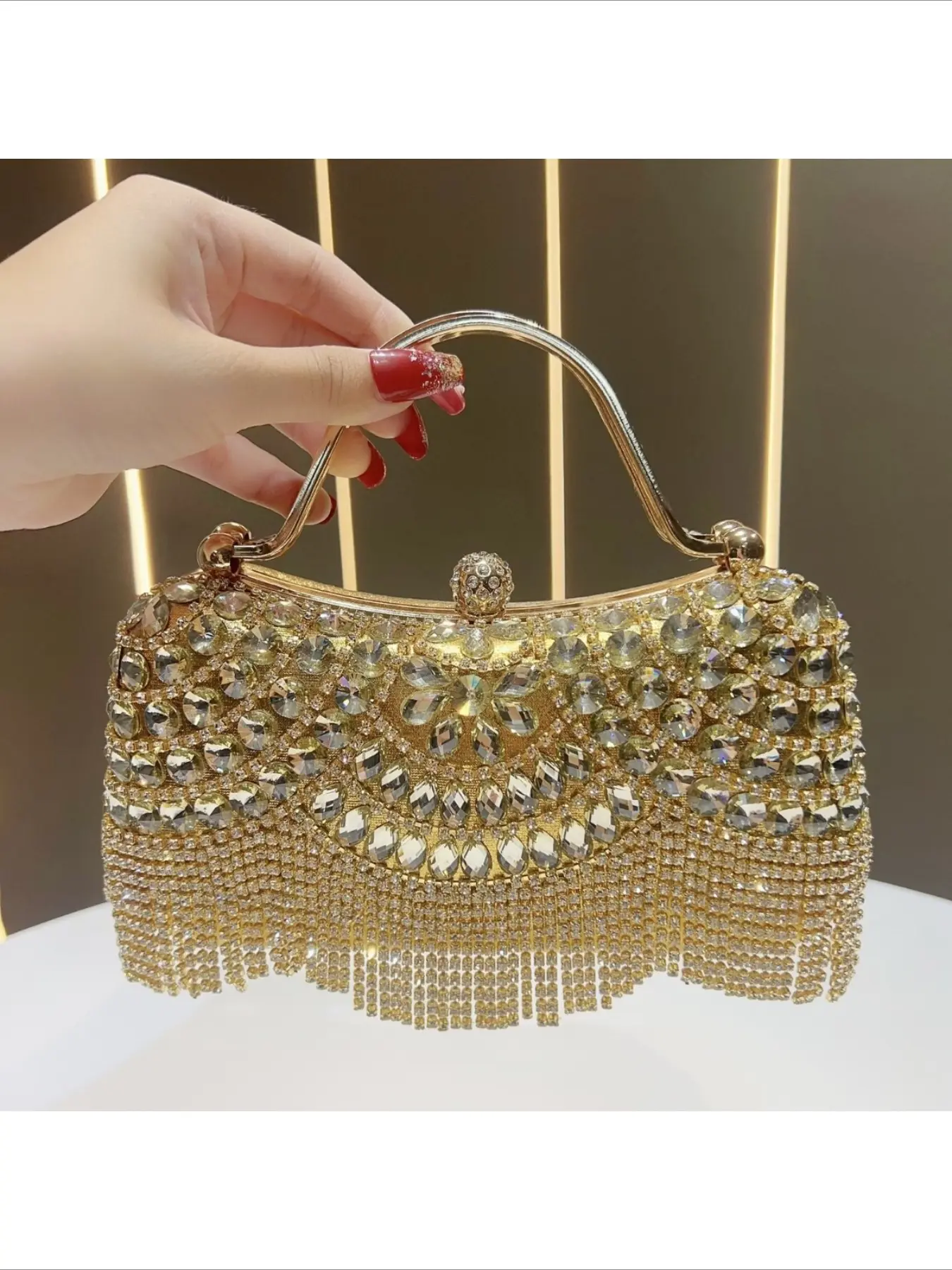 Women Rhinestone Tassel Evening Clutch Bag, Fashionable Embellished Clutch, Luxury Glitter Crystal Handbag, Metal Top Handle, Detachable Chain Strap, Formal Events