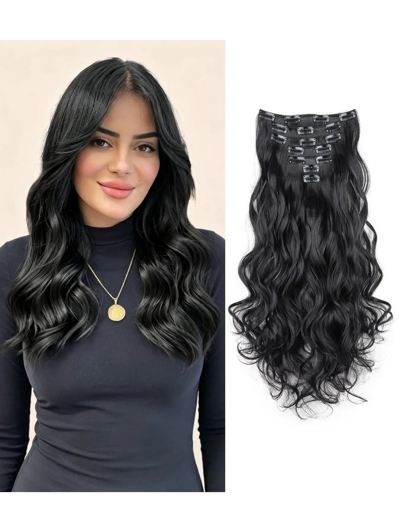 7-piece set of 16 inch synthetic fiber wavy clip style hair extensions, Hair Pieces, fluffy, soft, natural, seamless wavy clip hair, suitable for instant curly hair in women's daily occasions