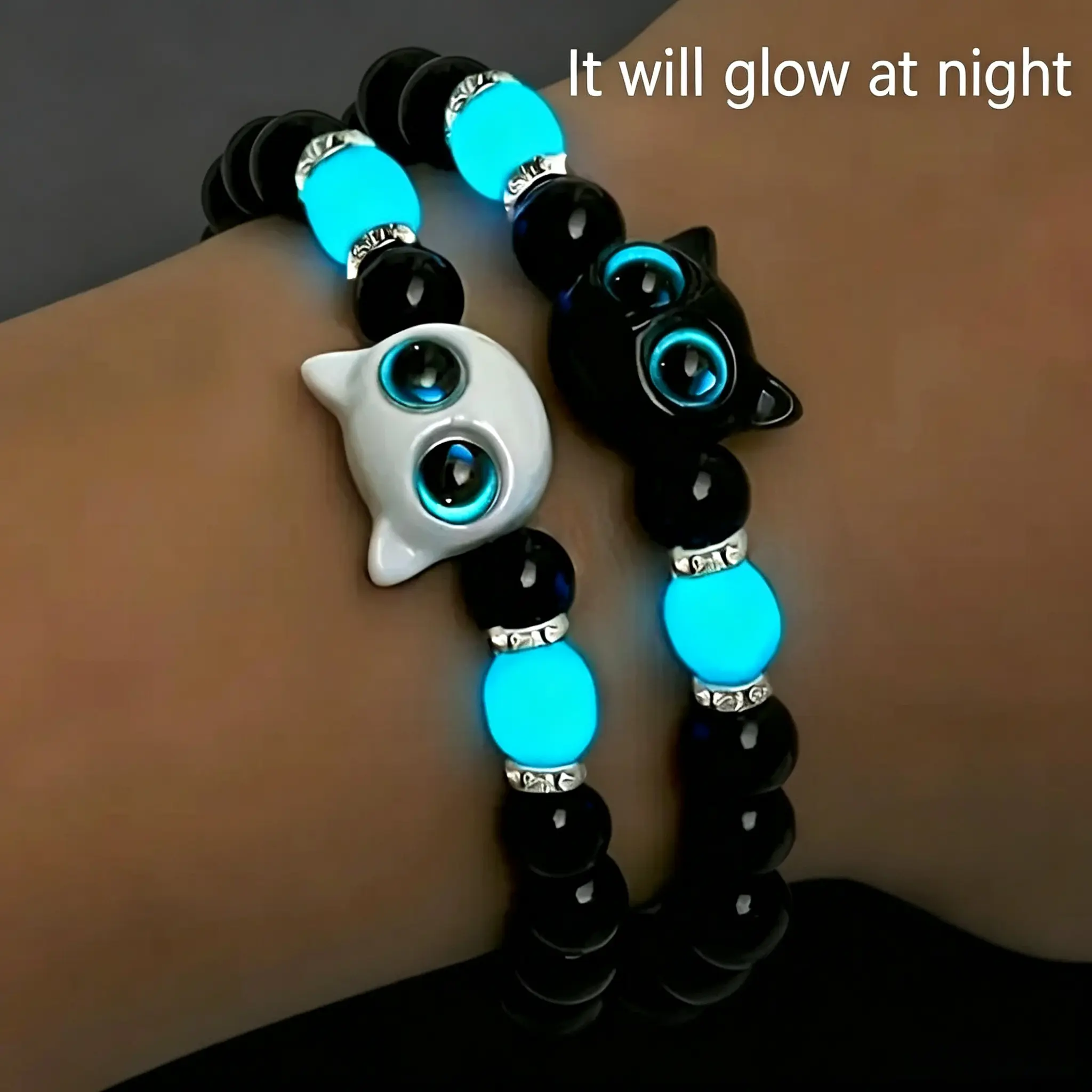 Unisex 2Pcs Whimsy Cat Glow-in-the-Dark Beaded Stretch Bracelet Set - Resin Rhinestone Mosaic, Glitter Style, Exquisite, Fashionable Style, Bracelets Stacking, Mix, Modern Fashion Accessories, Daily & Party Wear Gift