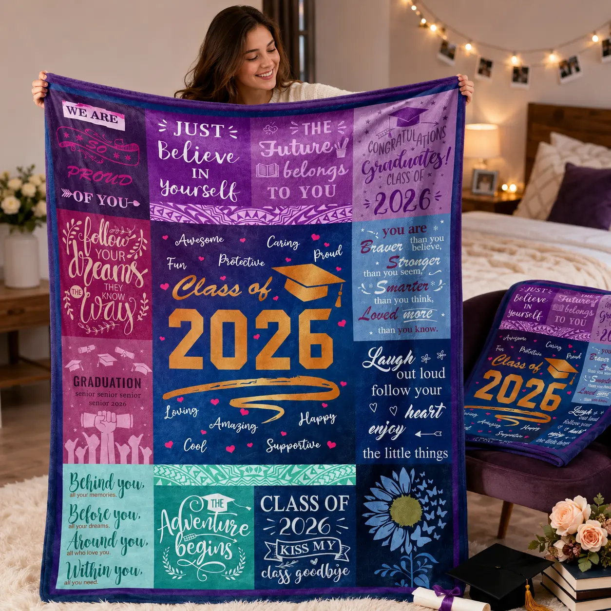 Class of 2026 Graduation Blanket for Her, Soft Plush Throw Blanket with Inspirational Senior 2026 Quotes, Cozy Graduation Gift for Daughter, Friend, Sister, Student, Dorm Room Decor, College Graduation Keepsake, Purple Pink Grad Blanket for Bed Sofa