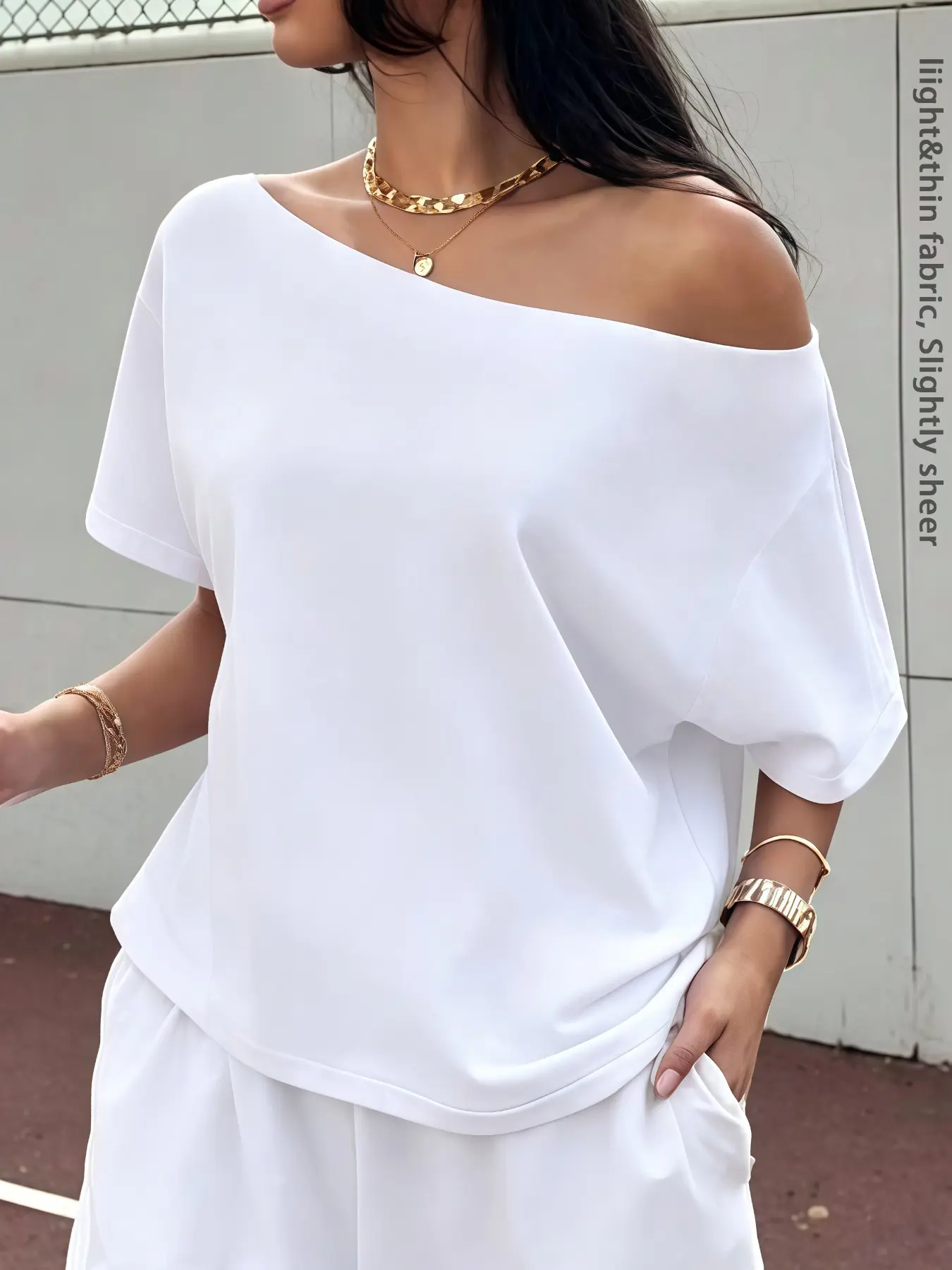 Women's Summer Sexy Fashion Basic Simple Chic Asymmetrical Shoulder Loose Fit Short Sleeve T-Shirt Top, Daily Casual Wear, Trendy and Versatile, Everyday