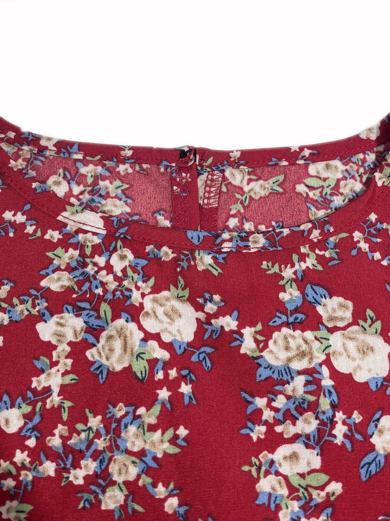 Women's Floral Print Bubble Hem Dress, Round Neck Waist Cinched Design, Boho Style Midi Skirt, Fitted Short Sleeve, All Seasons