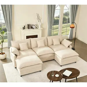 108" U-Shaped Modular Sectional Sofa - Comfy Cloud 3-Seater with 2 Movable Ottoman, Cloud Sofa,Deep Seat Linen Couch for Living Room, Beige Color ,Comfort & Stylish Design,Chenille pink