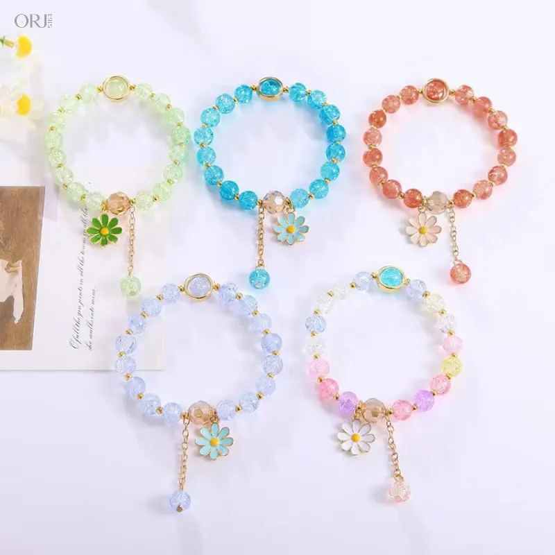 Ins Handmade Flower Beaded Bracelet, Korean Aesthetic Crackle Crystal Daisy Stretch Wrist Jewelry Unique Matching Bracelets For Girls Couples Best Friends,long,blue,friendship,heavy,chain,,Gothic,Exaggerated,Skeleto,Colorful,Heart,Rhinestone Link Br,,men,