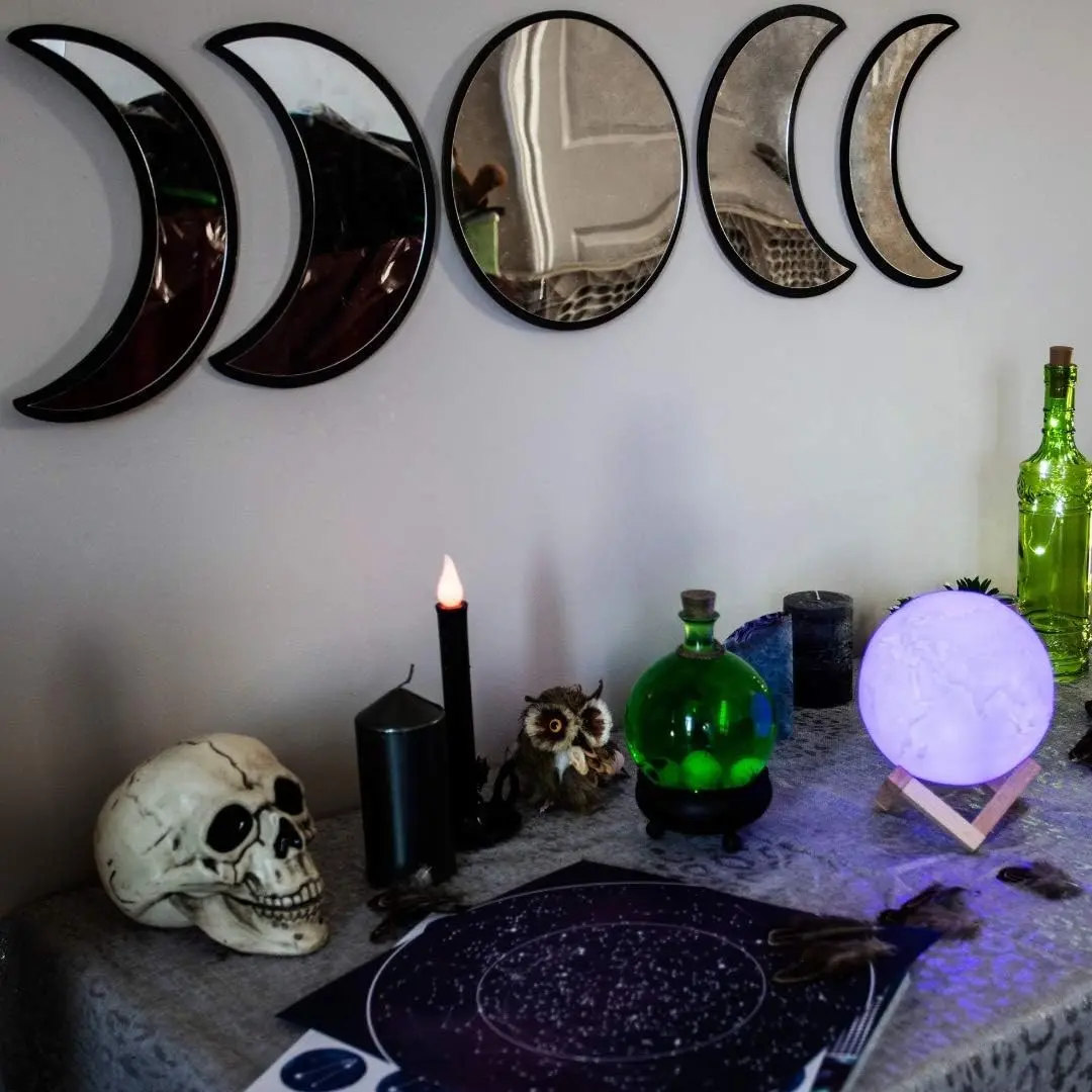Gothic and Boho Glass Moon Phase Mirror Set with Crystal Clear Reflection - Moon Mirror Wall Decor for Living Room Bedroom NurseryGift