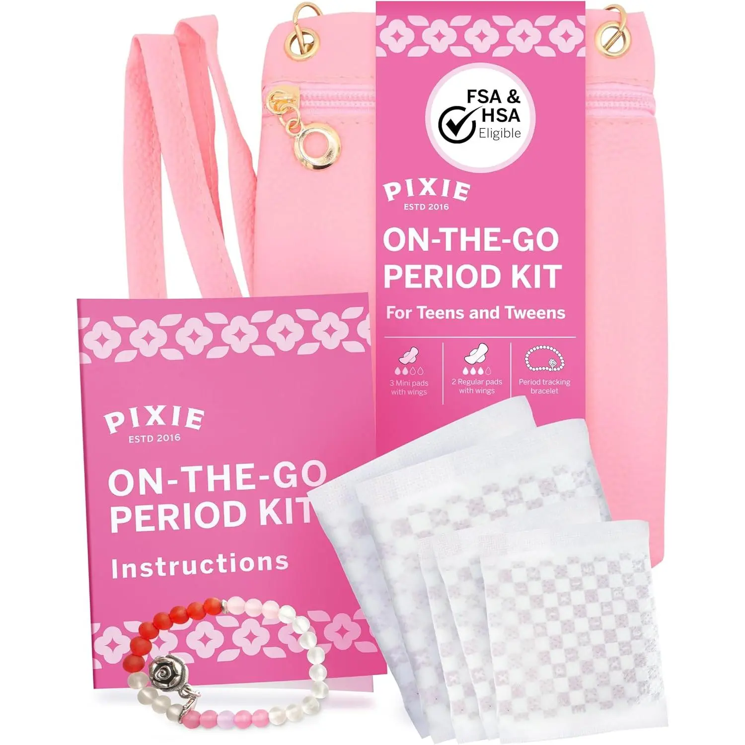 Pixie First Period Kit for Girls 9-12 - Best Organic Cotton Teen Pads with Wings - Period Tracking Bracelet & Discreet Crossbody Bag - On-the-Go Tween Starter Kit & Feminine Care Hygiene Essentials