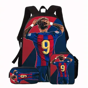 Water Resistant 3-Piece Backpack Set, Number 9 Soccer Player Back View Red Blue Stripe Jersey Print School Bag with Insulated Lunch Box & Pencil Case, Breathable Padded Straps, Fits 15-inch Laptop Oxford Travel Kit