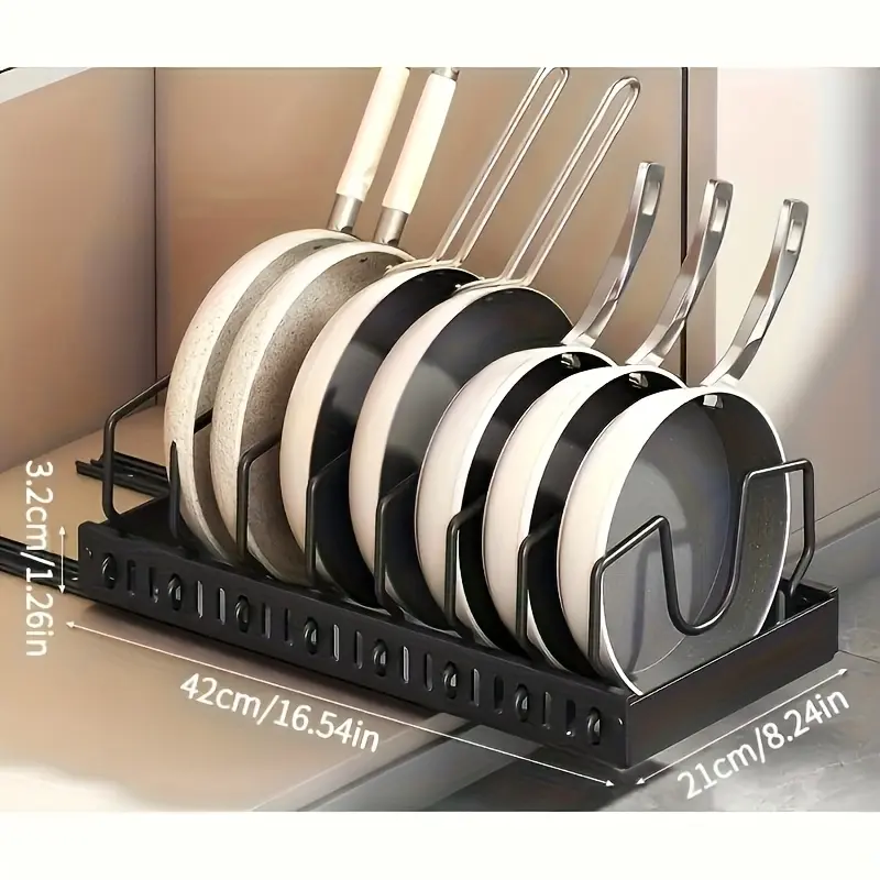 Cookware and frying pan storage rack with pull-out lid organizer, a seasonally usable pot lid rack suitable for installation beneath kitchen cabinets, featuring adjustable dividers for pot lids, designed for kitchen cabinets and baking utensils.