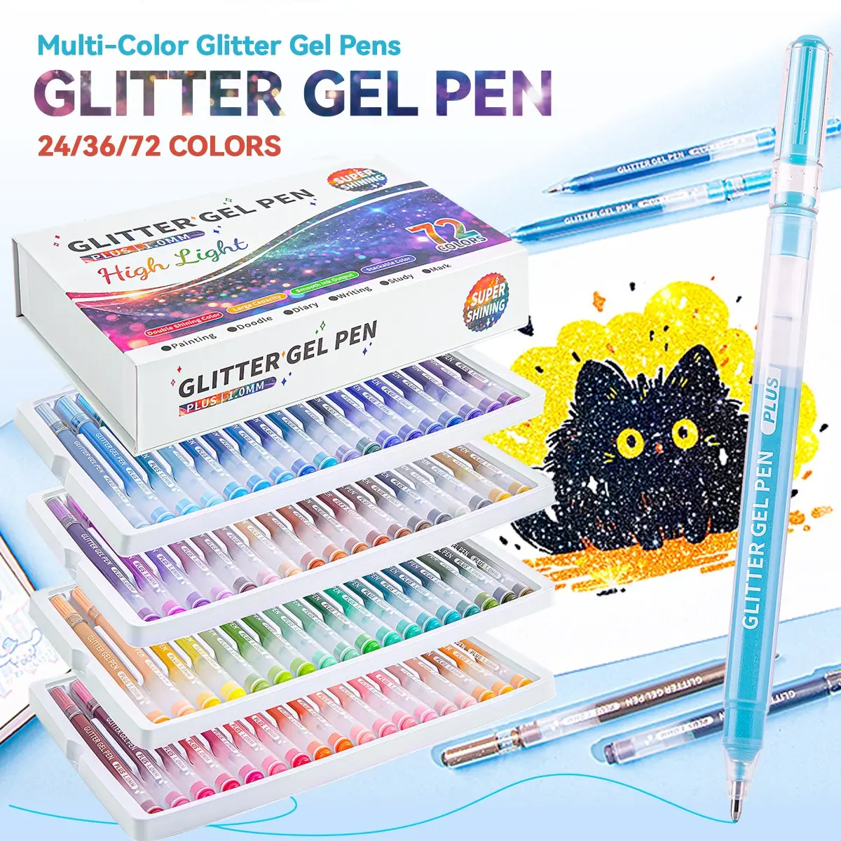 High Light Gel Pen Set, 72/36/24 Color Glitter Fluorescent Pens, Large Capacity Metal Gel Pens, 1mm Bullet Tip, Perfect for Artists & Beginners