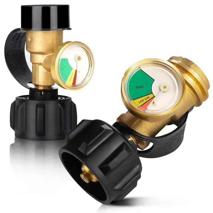 2pcs Propane Tank Pressure Gauge Level Indicator & Gas Leak Detector Set, QCC1/Type 1 Connection, Brass Construction, Dust Cover, Color-Coded Dial, Fits 5-40 lb Tanks, RV Camper, Backyard Cookouts