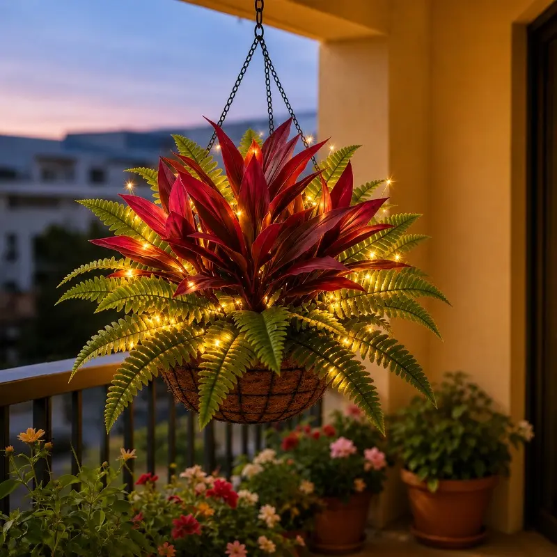 This artificial plant string light features a combination of red leaves, ferns, and other floral elements.Perfect for creating a luminous atmosphere in your living room, it's also suitable for parties and holiday decorations.Ideal for indoor and outdoor