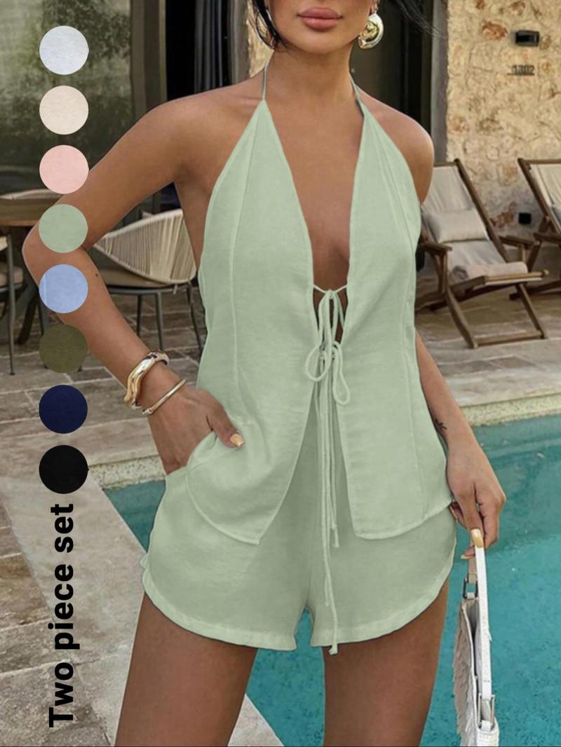Women's Solid Color Tie Back Top & Shorts Set, Casual Fashion Chic Two-piece Outfits for Summer, Ladies Clothes for Beach Holiday Vacation, Womenswear