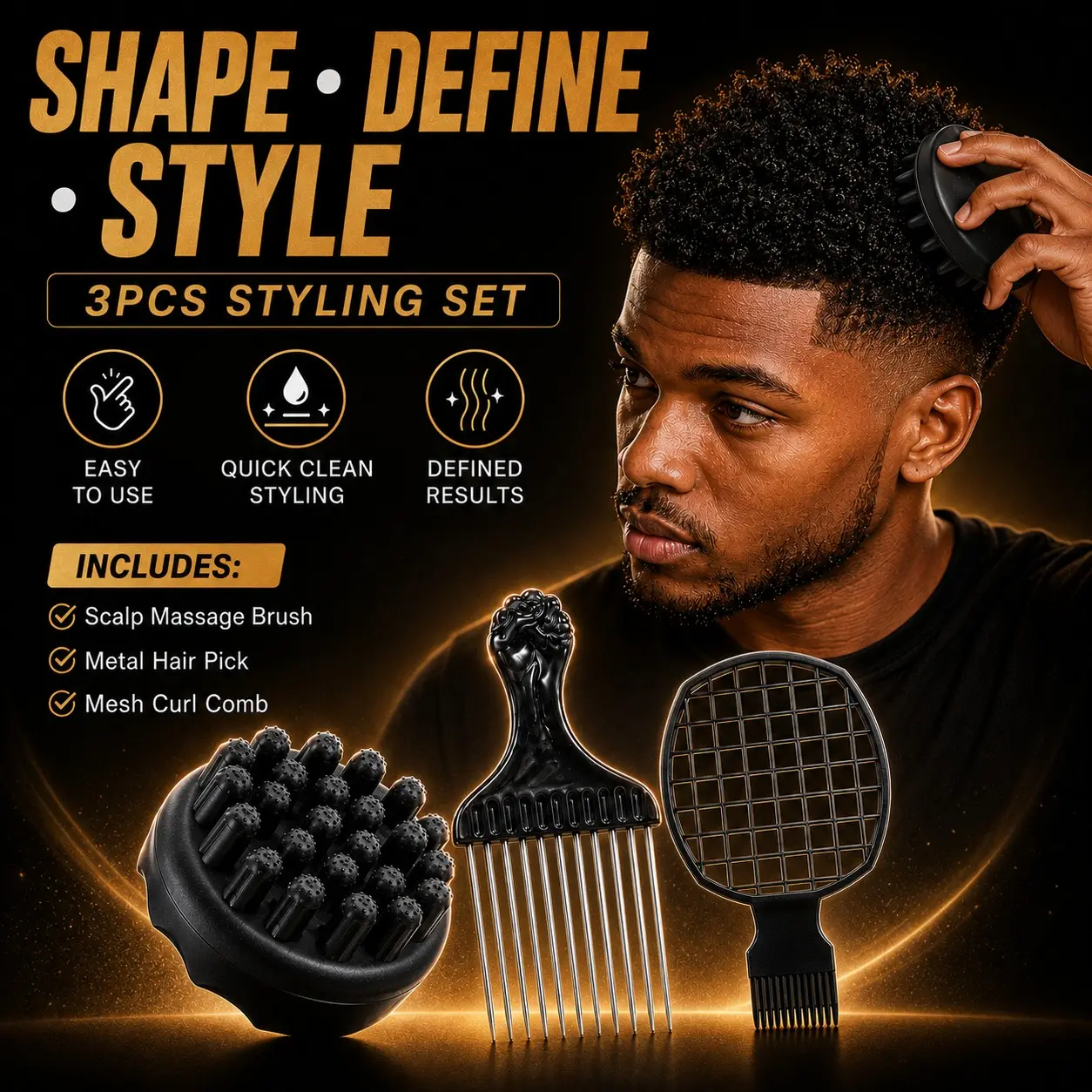 3Pcs Twist Styling Set for Men, Silicone Scalp Massage Brush, Metal Hair Pick Comb, Mesh Curl Defining Comb & Define Curl Brush, Easy Clean Hair Twist Tools for Curly, Coily, Short Hair, Cream & Wax Styling, Hair Care Comb, Hair Brushes