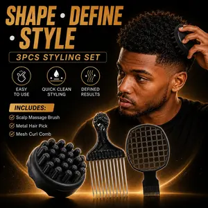 3Pcs Twist Styling Set for Men, Silicone Scalp Massage Brush, Metal Hair Pick Comb, Mesh Curl Defining Comb & Define Curl Brush, Easy Clean Hair Twist Tools for Curly, Coily, Short Hair, Cream & Wax Styling