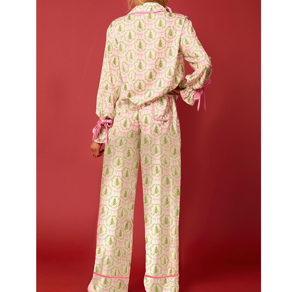 Women 2 Piece Christmas Pajamas Set Bow Tie Santa Claus Long Sleeve Button Shirts Wide Leg Pants Cute Pjs Sets Xmas Sleepwear