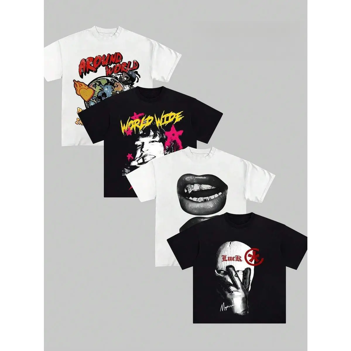 Oversized Streetwear T-Shirt Set, Soft Cotton Round Neck Unisex Casual Tees, Retro "Around the World" & "World Wide" Graphic Bundle, Bold Lip & Ski Mask Prints, Versatile Alt & Hip-Hop Style Apparel for Outdoor Trips & Daily Street Styling