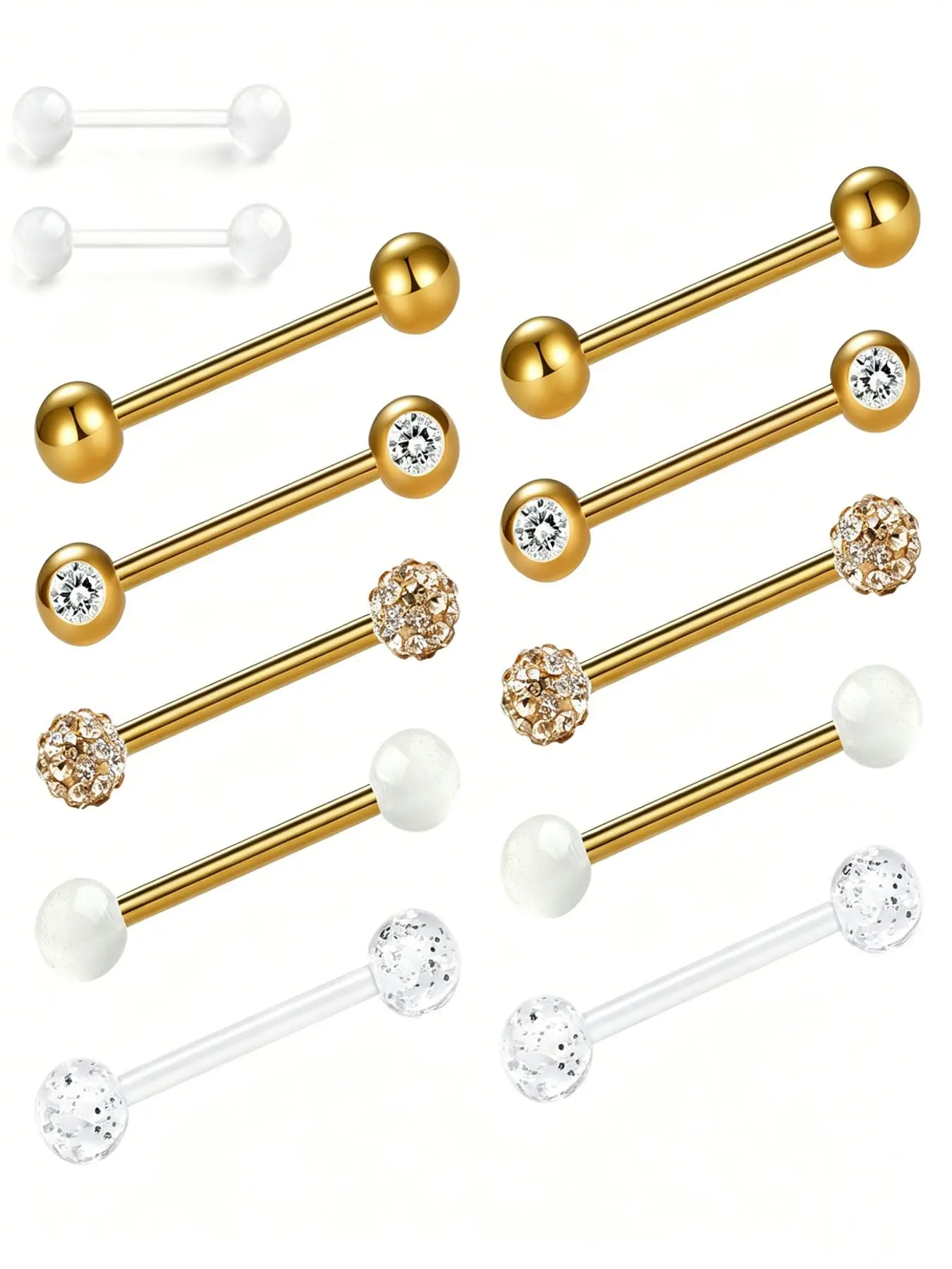 316 Surgical Stainless Steel Tongue Ring Set, Interchangeable 6 Styles Replacement Balls, Round Solid/Inlaid CZ/Glitter Resin Balls Barbell Tongue Piercing Jewelry, Hypoallergenic Reusable Body Piercing Mouth Jewelry Mouth Rings for Women Men