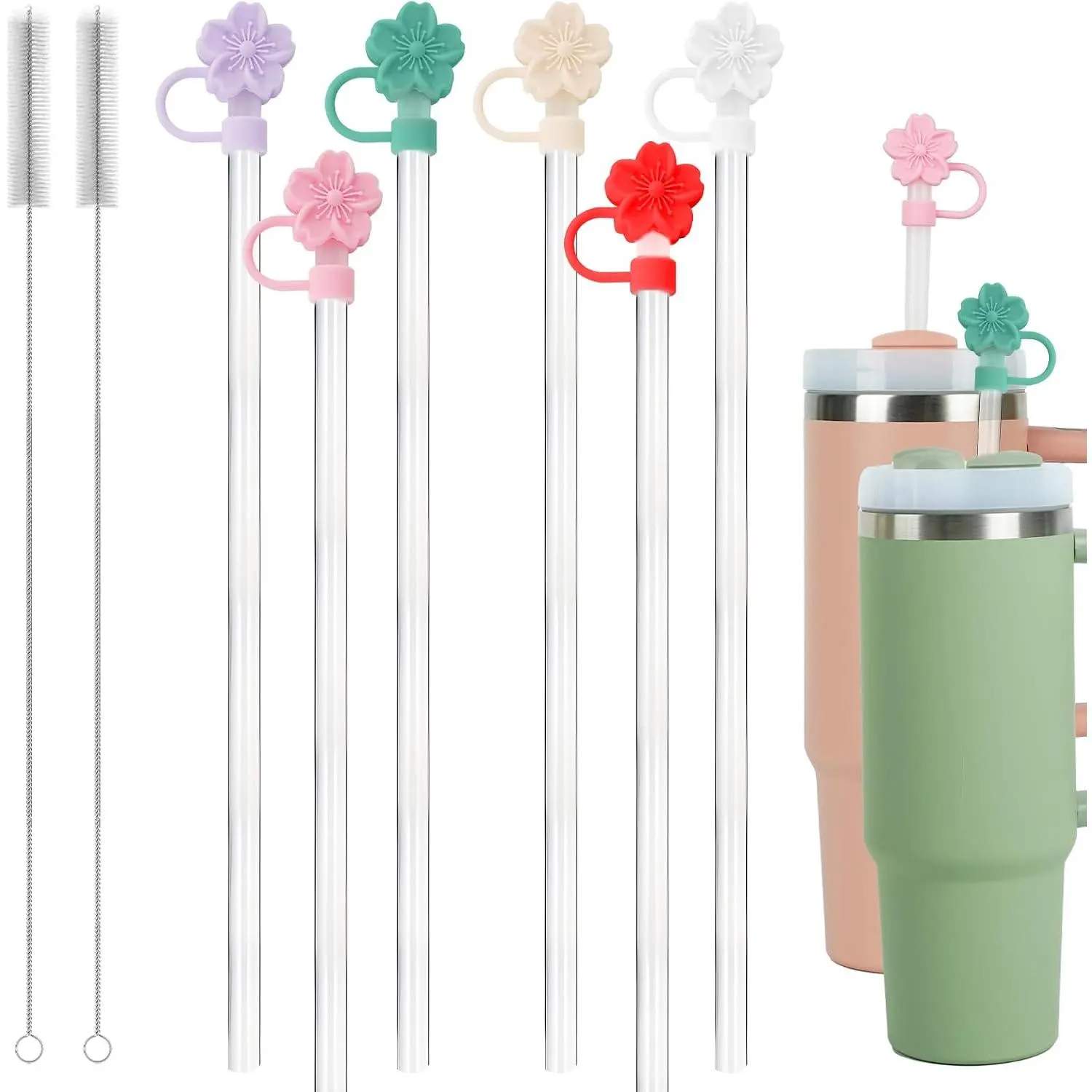 6  Straw and Covers, 2 Cleaner,   Straw and topers (flower+Cuttable Length straw, 12.2"/31cm)