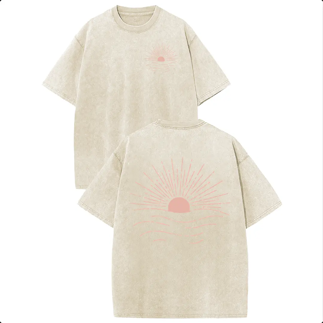 Holafish Retro Coastal Sunrise & Sunset Ocean Double-Sided Line Art Print Washed Tee, Vintage Minimalist Style Loose Casual Short Sleeve T-Shirt |   2026 New Color, summervibes, Deals For You Days