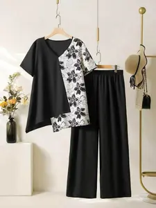 Vintage Ink Floral Patchwork T-Shirt Set, Elastic Waist Flowy Wide Leg Pants, Comfortable Home & Two-Piece Set