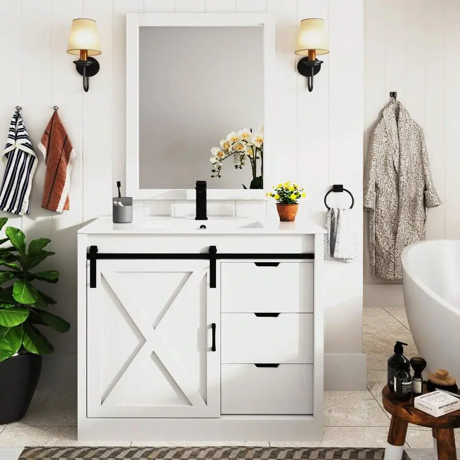 24/36/47 Inch Bathroom Vanity With Sink & Faucet & Mirror, Farmhouse Bathroom Vanity Cabinet Set With Barn Door & Drawers, Small Single Bath Storage Vanity Sink