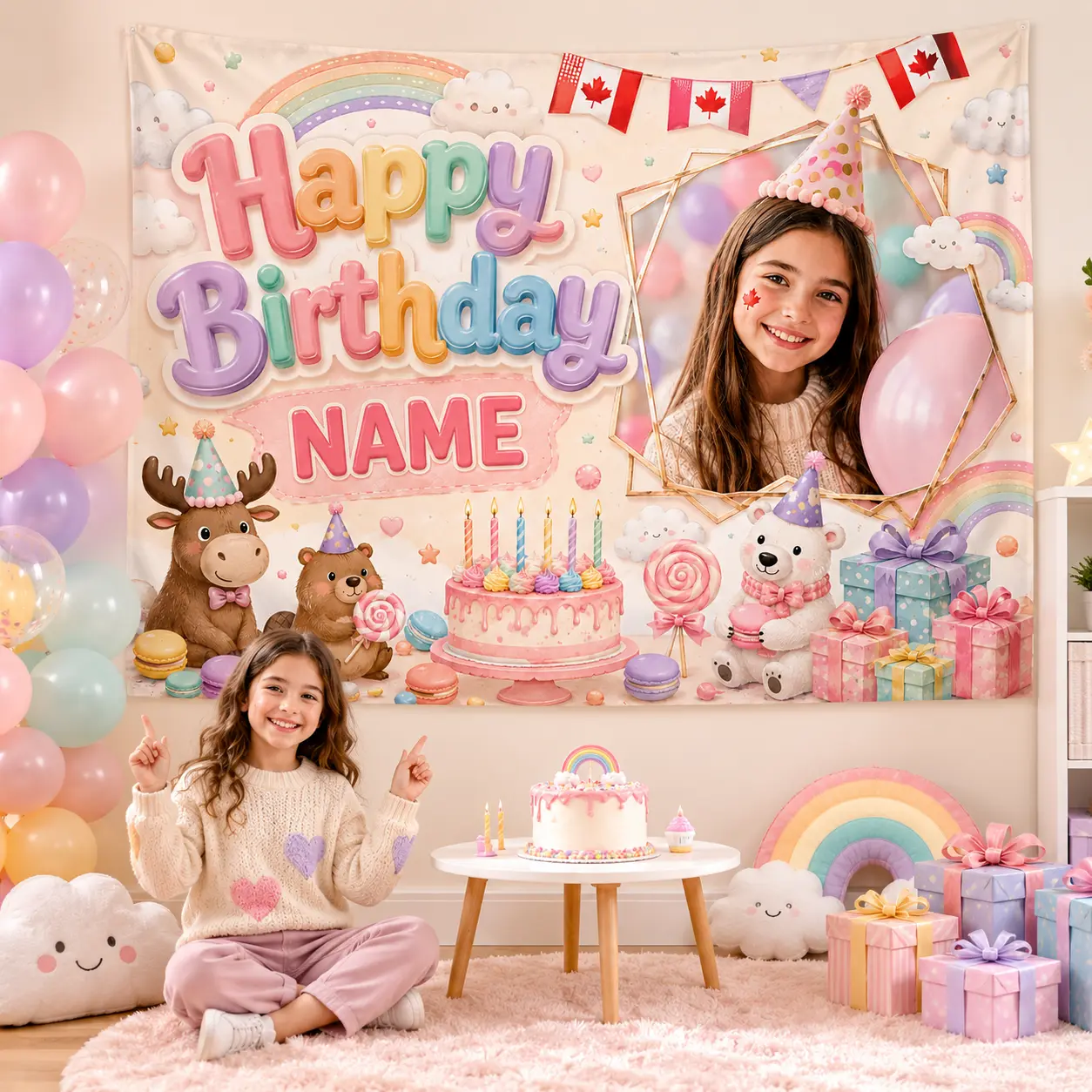 Customizable Pastel Rainbow Birthday Backdrop with Photo & Name - Colorful Girls' Festive Banners, Home & Party Decor Supplies