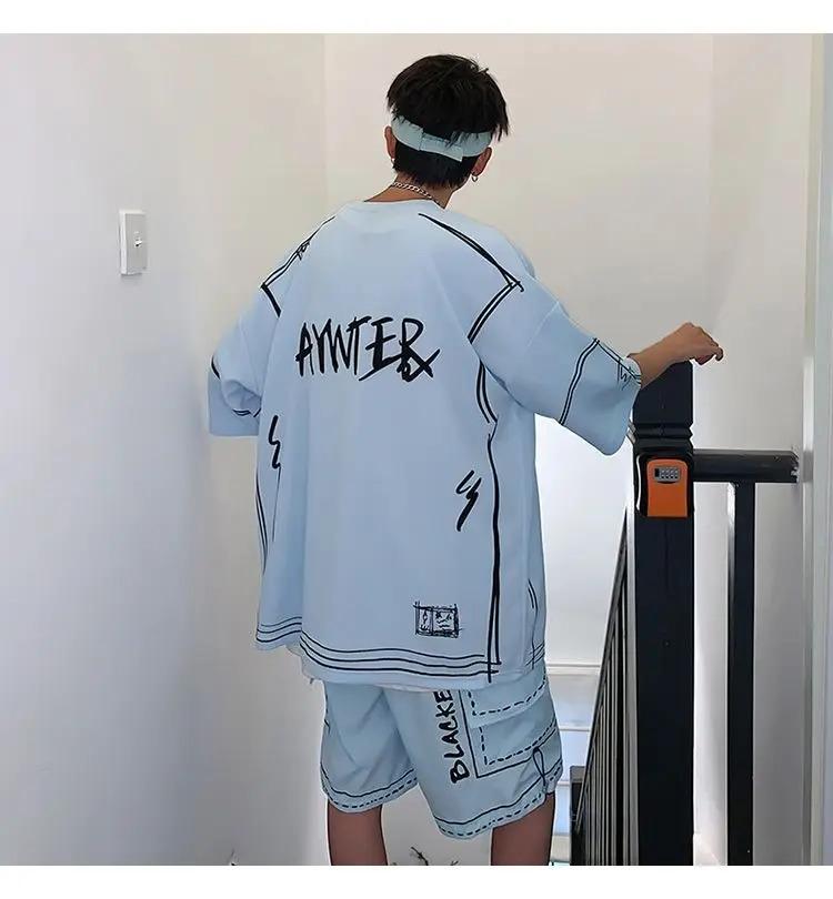 Summer Elegant Fashion Harajuku Slim Fit Ropa Hombre Loose Casual All Match Sports Suit Ice Shreds Short Sleeve Two Piece Set