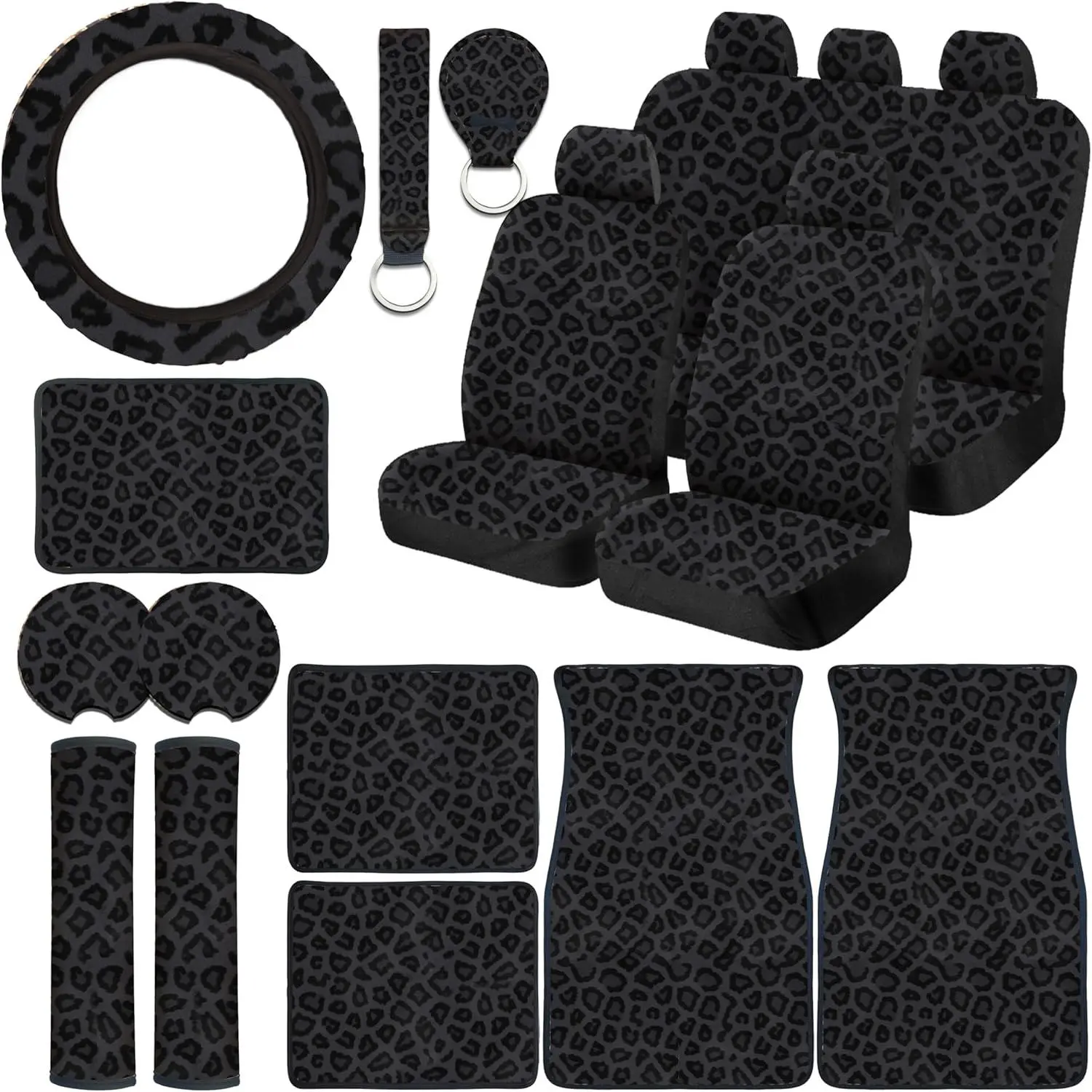 21 Pcs Leopard Print Printing Car Seat Cover Full Set,Car Steering Wheel Cover Center Console Armrest Pad Headrest Seat Belt Cover Handbrake Cover Keychain And Foot Mat Full Set Car SUV(Black), Seat Covers