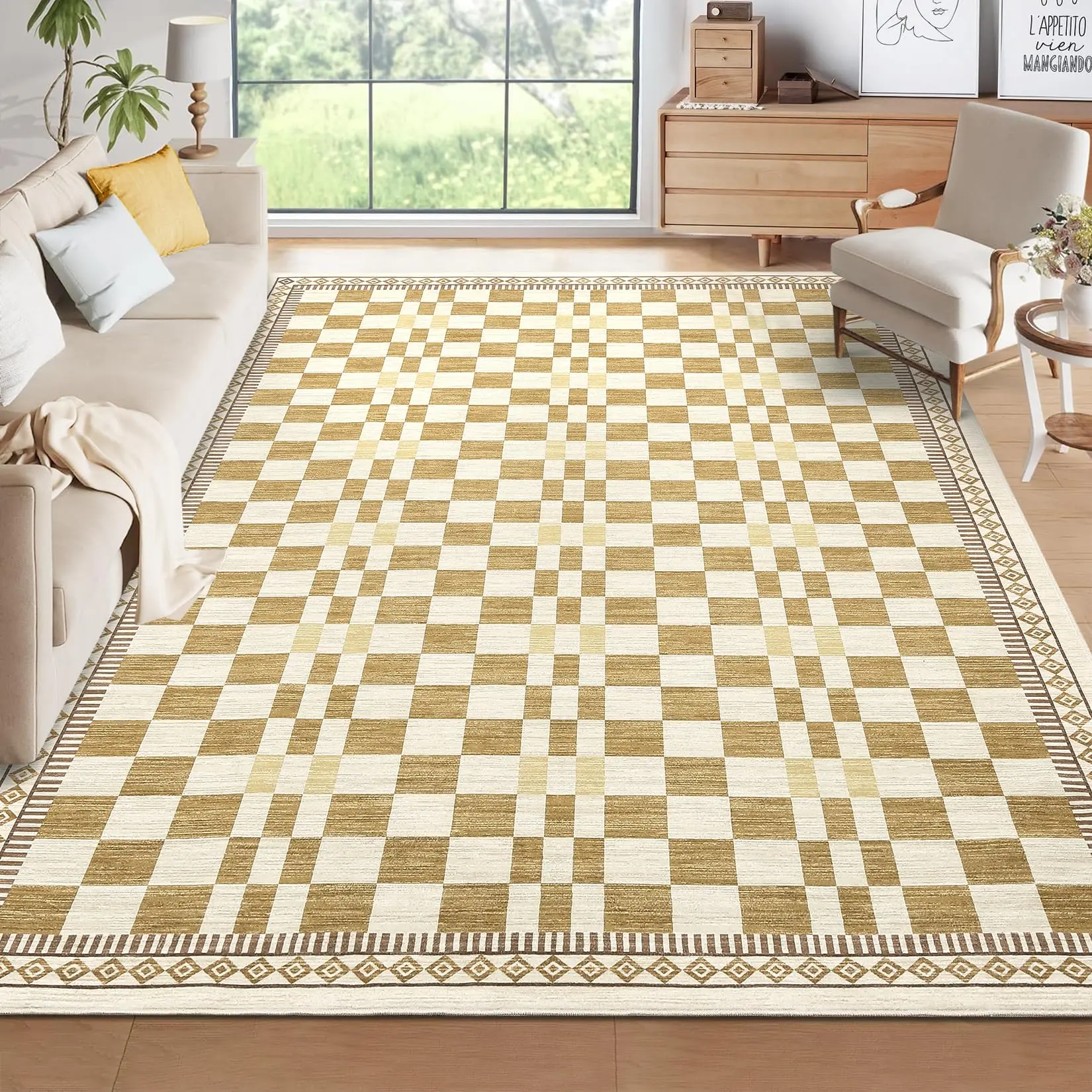 Modern Abstract Checkered Runner Rug - Machine Washable, Non-Slip, Thin Soft, Low Pile Carpet for Kitchen, Hallway, Bedroom, Laundry, Nursery, Playroom