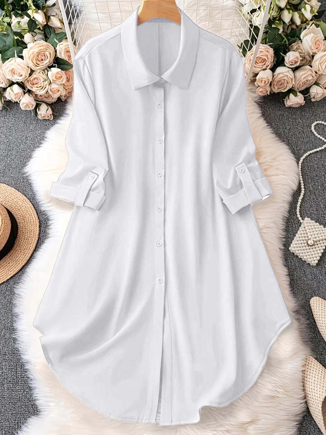 Plus-Size Solid Long Sleeve Button Up Blouse, Casual Classy Elegant Button Front Collared Top for Spring & Fall, Women's Clothes for Daily Wear