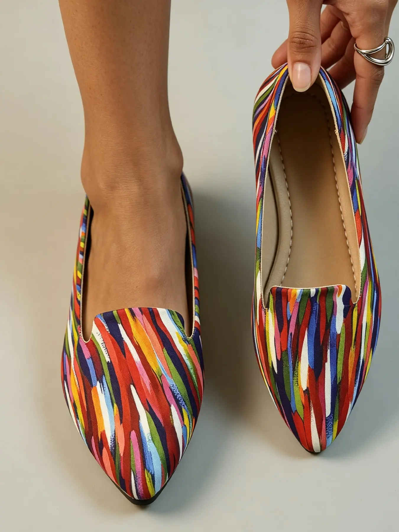 Colorful Oil Painting Stripe Pointed Toe Flat Loafers, Slip On Flats, Artistic Vacation Style, Casual All-Season Women's Shoes, Perfect for Outing and Dates