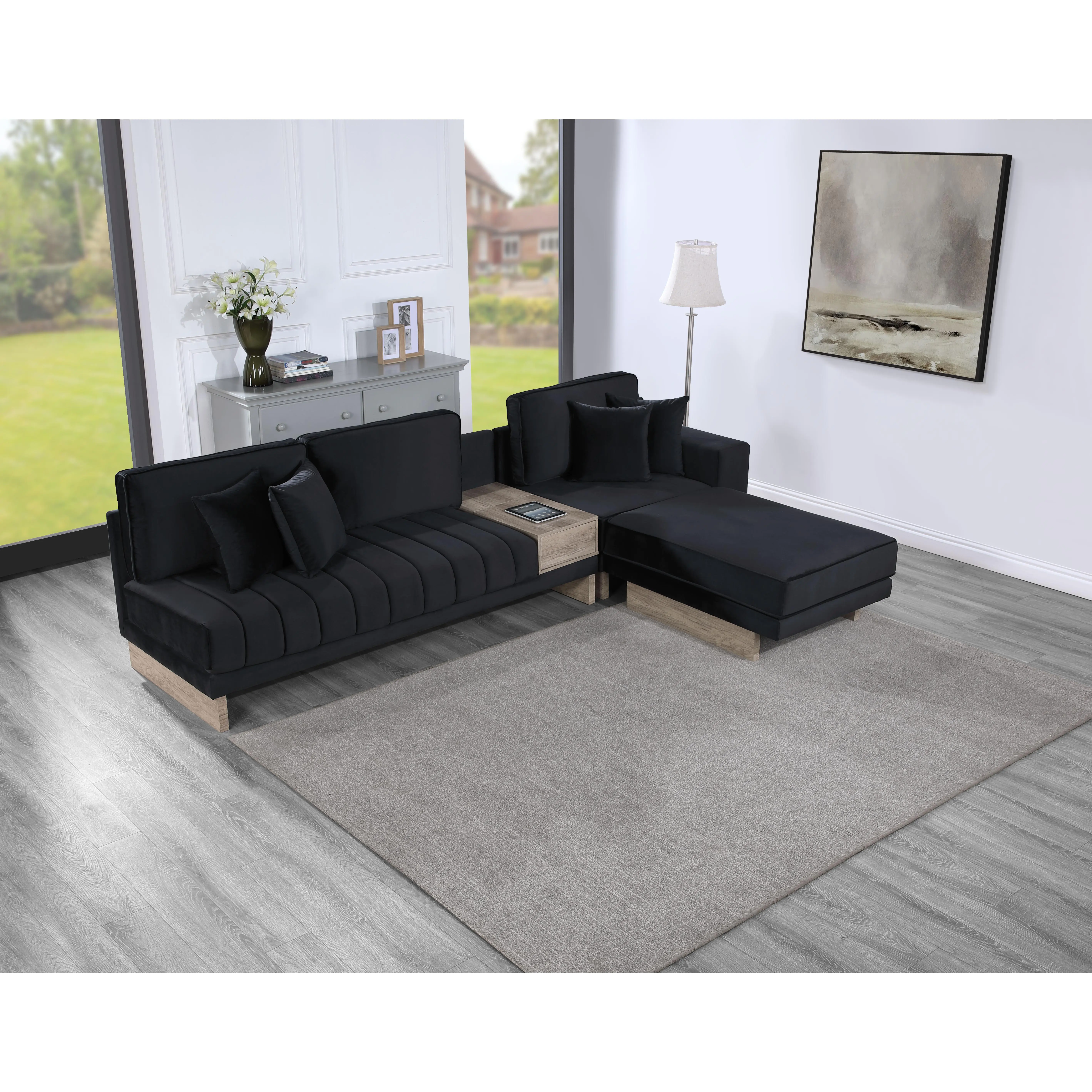 Nokaa 4-Seat Velvet Reversible Sectional Sofa with Ottoman Storage, Drawer, USB Ports & Charging Outlets, Modular Living Room Furniture Set, Black, 122.5"W, Includes 4 Throw Pillows