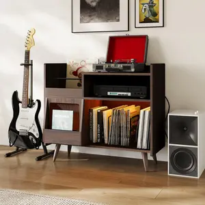 Modern Large Vinyl Record Player Stand - Spacious Storage, LED Lights, Sliding Door, Charging Station - Media Cabinet for Living Room or Office