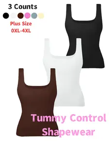 Plus Size Women's Tummy Control Shapewear Tank Tops, Seamless Square Neck Smooth Compression Tops, Slimming Body Shapewear, Solid Backless Shaper ,Women's Body Shapewear