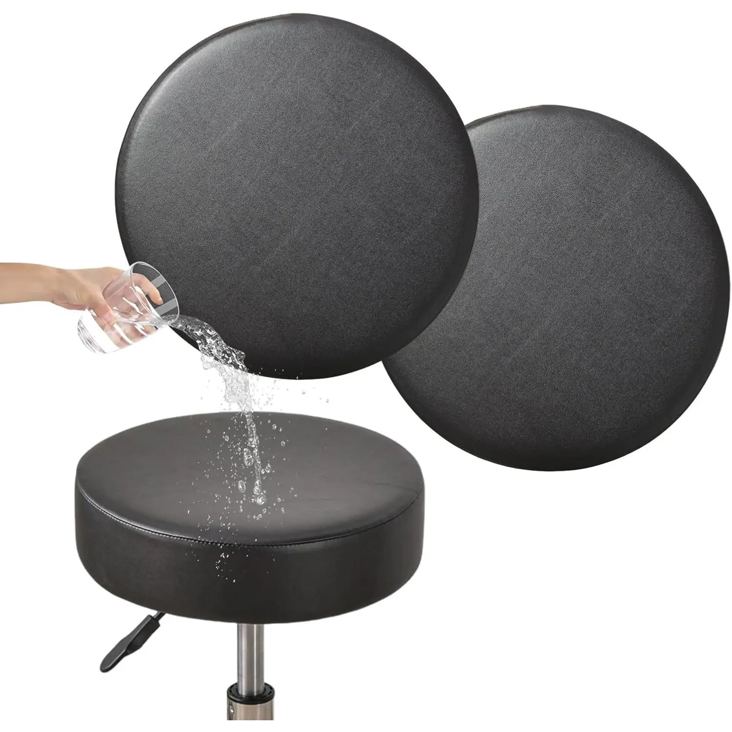 Bar Stool Covers Round Set of 2, Waterproof PU Seat Covers With Elastic Bands, Chair Covers Washable Cushion Slipcover for 12-15 Inch - Black
