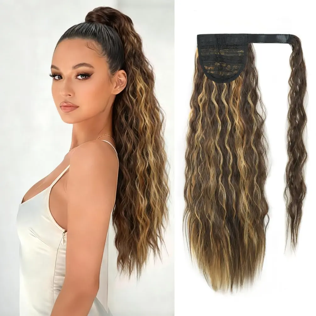 Corn Wave Ponytail Extension Wrap Around Pony Tail 22 Inch Synthetic Clip  Curly Wavy Ponytails Brown  Blonde Hairpiece for Black Women(8H27)