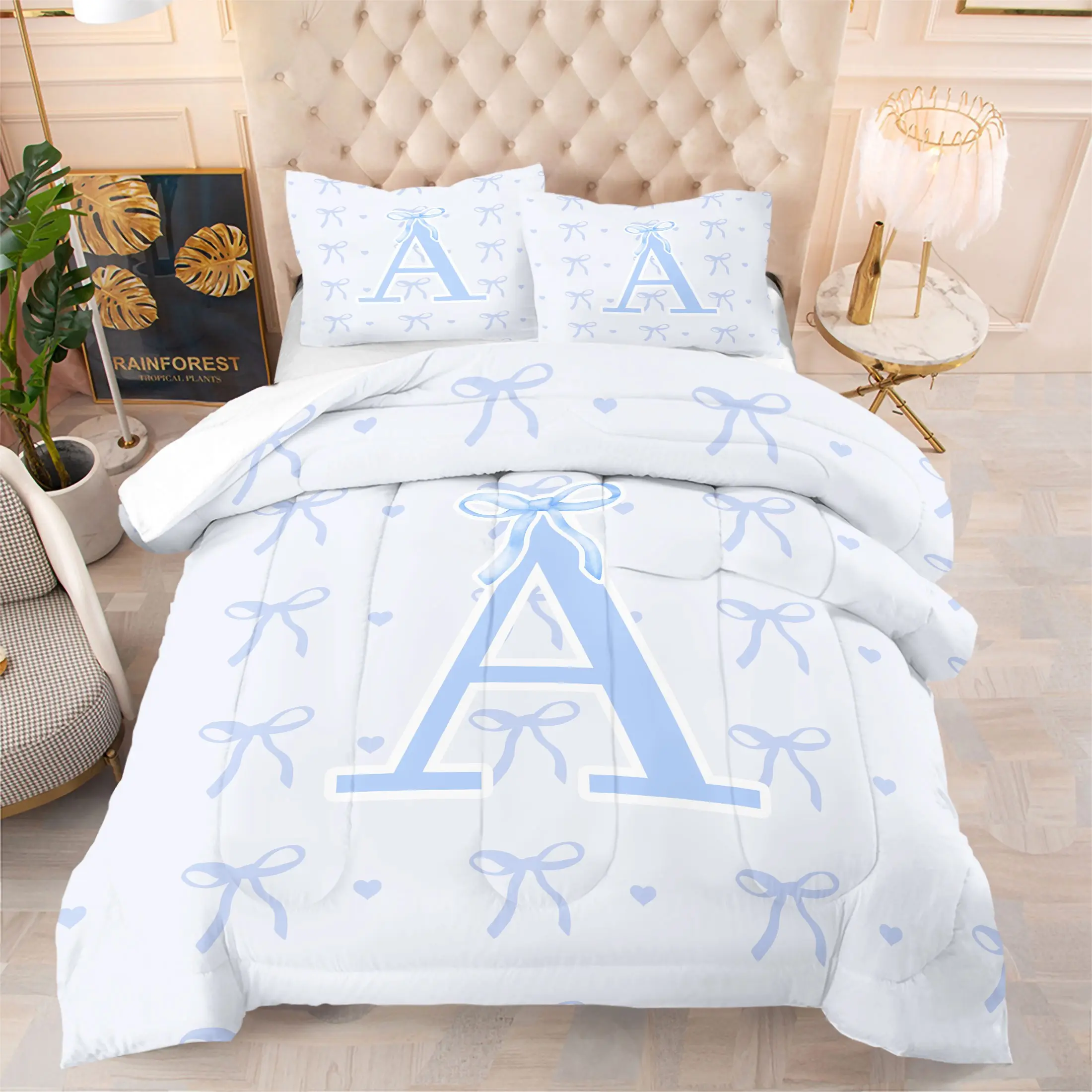 2/3Pcs Light Blue Bow Initial A-Z Comforter Set, Preppy Heart Print Quilt Bedding Set with Pillowcases, Cute Girly Bedding for Girls Kids Teens Bedroom Dorm Nursery, Lovely Aesthetic Home Decor Gift