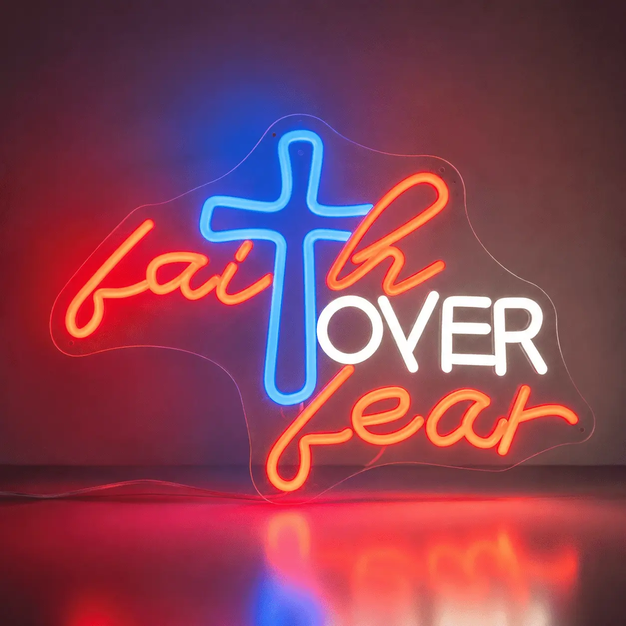 "Faith Over Fear" Cross LED Neon Sign - Red Blue Contemporary Christian Plastic Wall Decor Light, USB-Powered Dimmable Inspirational Lamp for Bedroom, Party, Baptism Gift for Believers decorative atmosphere ambiance lighting
