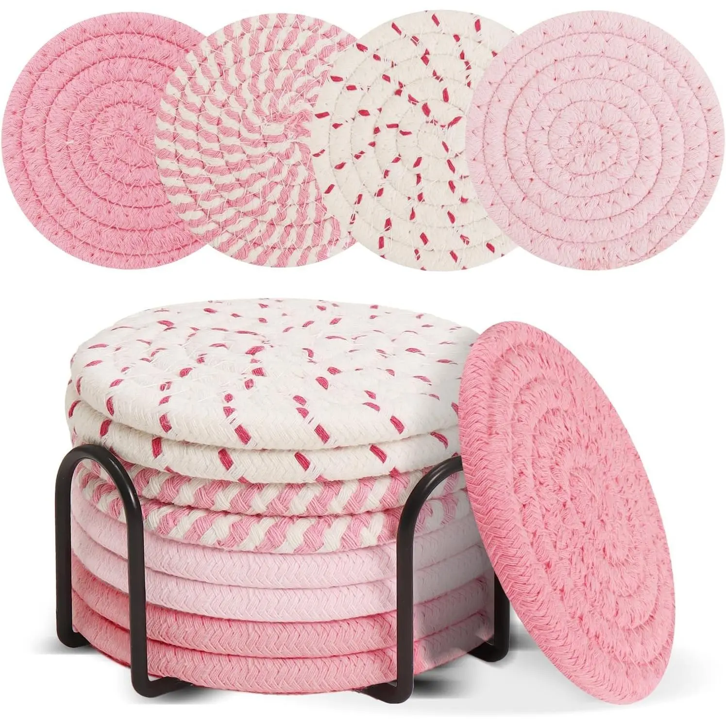 Pink Cotton Rope Fabric Coasters (Set of 8 with Holder) - Stylish, Non-Slip, Absorbent, Heat-Resistant, Easy-to-Clean, for Office, Living Room, Happy Birthday Gifts for Women
