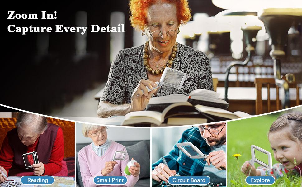 STANDARD GOODS Magnifying Glass for Reading, Rechargeable 4X Full Page Book Magnifier, Magnifying Glass with Light 3 Modes, Folding Handheld Reading Magnifiers for Seniors Elderly Low Visions,Black